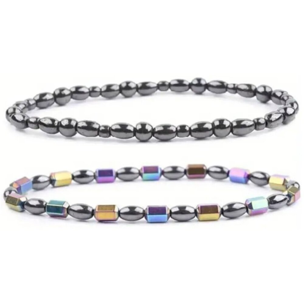 Gun Metal Grey & Iridescent 2 pk Hematite Bead Ankle Bracelet Magnetic Therapy